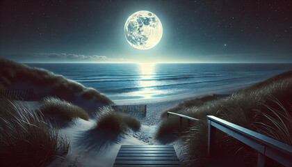 A serene night scene at the beach with a full moon glowing brightly over the calm ocean