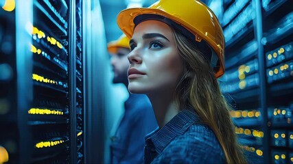 Poster - A young female engineer wearing a yellow hard hat, focused on inspecting server racks in a data center