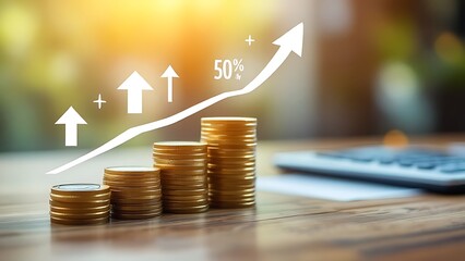 Wall Mural - the calculator and coins money with up arrow and percentage symbol for financial banking increase in
