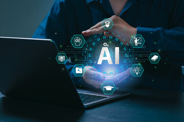 AI Artificial Intelligence and Education technology concept. A man use laptops, Learn lessons and online webinars successfully in modern digital learning, Courses to develop new skills. E-learning.