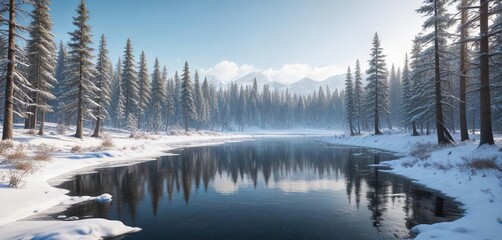  Snow-covered forest landscape with a frozen lake in the background, winter woods, snowy forest, icy landscape