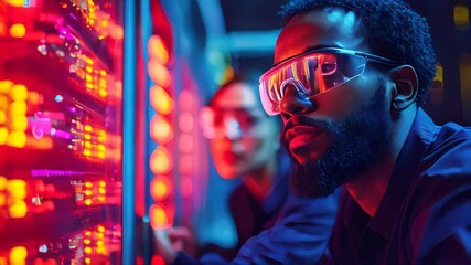 Poster - Two engineers in protective goggles closely inspecting brightly illuminated server racks in a high-tech environment