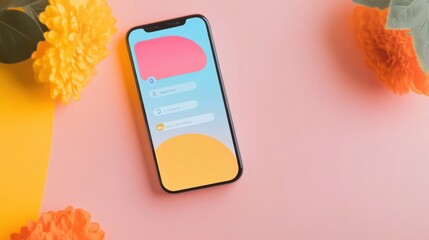 Wall Mural - Modern smartphone displaying a messenger chat on a colorful background with flowers and bright hues. Generative AI