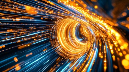 Fototapete - Dynamic Burst of Light with Bright Orange and Blue Particles Creating a Vibrant Swirling Effect Representing Energy, Motion, and Digital Innovation in Abstract Science Art