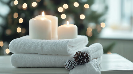 White towels with candles and pinecone. Ideal for winter spa and holiday wellness services.