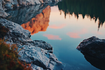 Poster - Reflection of rocky cliffs and trees on a tranquil lake during sunset