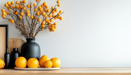 Wall Mural - A stylish arrangement of yellow fruits and branches in a black vase, set on a wooden table against a simple, light background.