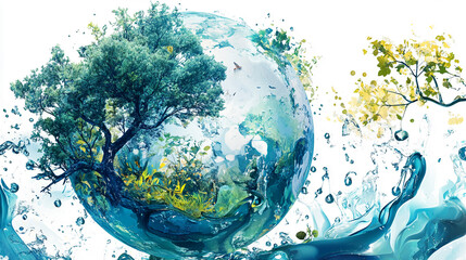 Poster - Earth encapsulated in water with lush green trees, symbolizing ecological balance and sustainability