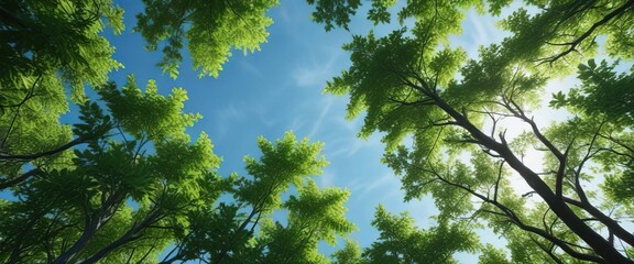 stunning green foliage against the radiant blue of the clear sky , forest scene, lush greenery, stunning nature