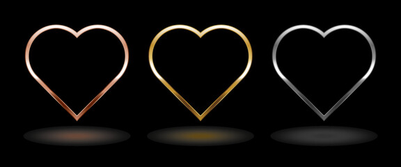 Wall Mural - Shiny metal heart frame. Isolated luxury pink gold, gold and silver border on black background. Set of glossy heart shape frame mockup design element. 3d Vector illustration.