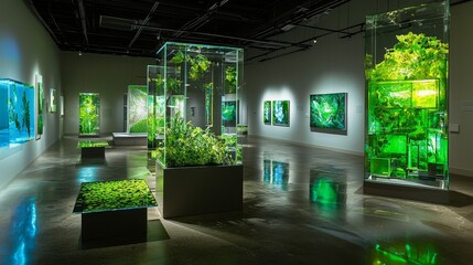 Poster - Lush Green Art Installation in Modern Gallery with Illuminated Exhibits and Nature Themes