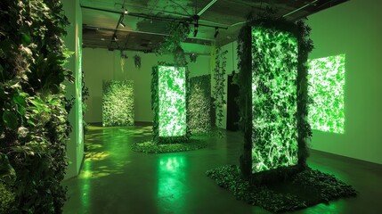 Poster - Art Installation Featuring Lush Greenery with Illuminated Walls in Modern Gallery Space