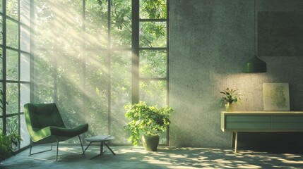 Poster - Serene Interior Space with Natural Light and Lush Greenery in Modern Design