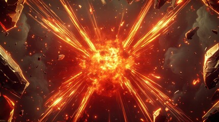 Wall Mural - A bold gaming background with a fiery red and gold theme. Explosive streaks of light radiate outward from the center, surrounded by jagged metallic textures and glowing fragments. 