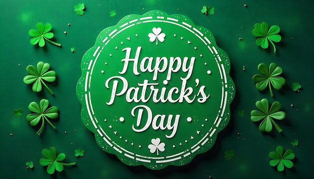 Happy Saint Patrick's Day Badge - Green & White Circular Design with Shamrocks
