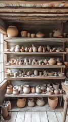 Wall Mural - A rustic pottery barn with shelves of clay pots, vases, and sculpting tools