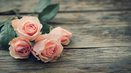 Peach roses on rustic wooden background. Great for romantic beauty and natural wellness themes.