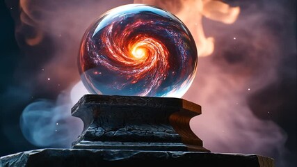 Wall Mural - Crystal ball with swirling galaxy inside, on dark stone pedestal against fiery background.