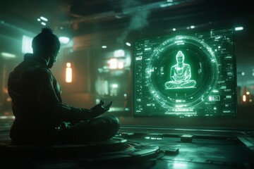 Poster - A cyberpunk-inspired vision of the Emerald Ubosot, with glowing neon green pillars, a holographic emerald Buddha statue, and floating digital patterns in a futuristic cityscape