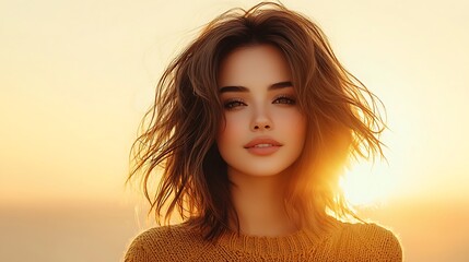 a luminous portrait of a woman in trendy knitwear, her edges aglow with cinematic lighting and compl