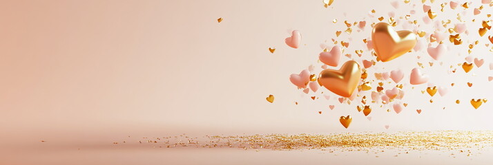 Poster - Playful Valentine's Day horizontal panoramic social media template with empty copy space, scattered candy hearts in soft pastel shades over a warm blush gradient, accented with delicate golden glitter