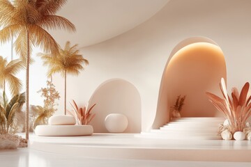 Poster - A flat design of a Thai ubosot naga staircase, using minimal details and a soft color palette
