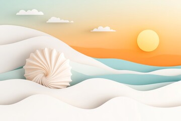 Aufkleber - A flat design of a single seashell on a sandy ocean floor, drawn with simple shapes and calming colors