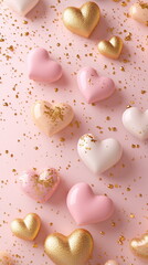 Poster - Playful Valentine's Day vertical social media story reels template with empty copy space, scattered candy hearts in soft pastel shades over a warm blush gradient, accented with delicate golden glitter