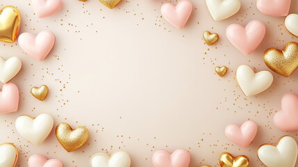 Poster - Sweet Valentine's Day horizontal greeting banner background with empty copy space, featuring a mix of tiny pastel-colored hearts on soft, warm cream backdrop, enhanced with soft pink and gold sparkles