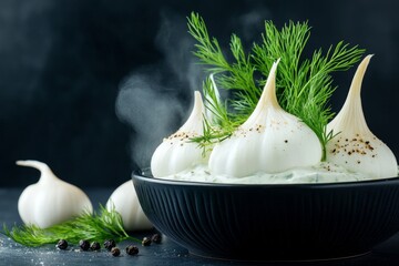 Poster - A gothic depiction of tzatziki served in a dark, ornate bowl, with dramatic lighting and misty surroundings