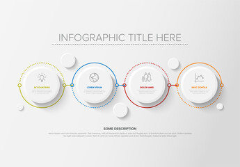Poster - A clean infographic with four connected circles featuring icons and text. The design uses minimalist elements and vibrant colors to highlight accounting, statistics, and strategy.