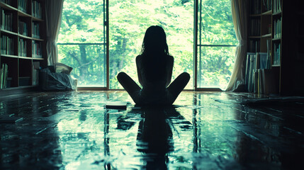 Poster - A library scene with an individual reading about self-discovery and self-reflection Self-reflection Stock Photo with side copy space