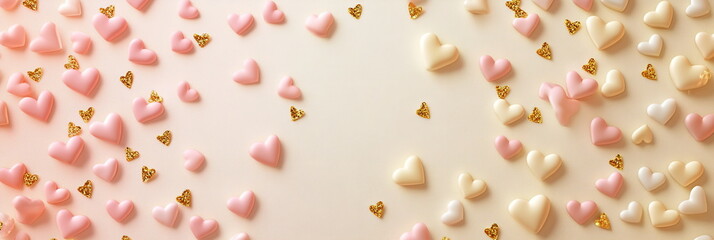 Poster - Sweet Valentine's Day horizontal greeting banner background with empty copy space, featuring a mix of tiny pastel-colored hearts on soft, warm cream backdrop, enhanced with soft pink and gold sparkles