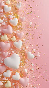 Sweet Valentine's Day vertical story greeting card template with empty copy space with scattered heart-shaped candies in soft pastel colors over a soft pink gradient, with sparkling golden accents