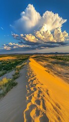 Poster - Golden Hour Serenity A Single Path Through Desert Sand Dunes Under a Dramatic, Clouded Sky