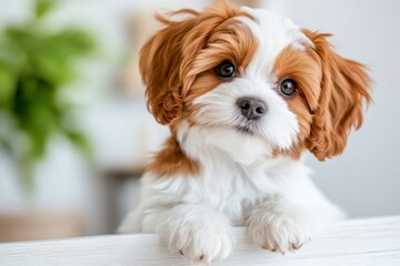 Poster - A hyper-realistic close-up of a Shih Tzu puppy face, capturing every strand of its fluffy fur and its sparkling, expressive eyes