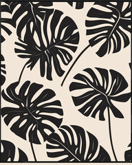 Poster - Black and Beige Monstera Leaves Pattern 
