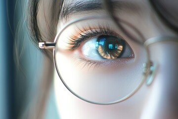 Aufkleber - Close up view of a female eye in corrective glasses highlighting unique details and reflections of surroundings. Generative AI