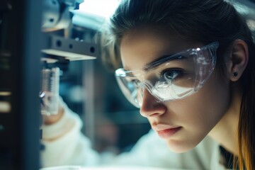 Poster - Young female scientist conducting research in a laboratory during evening hours