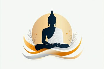 Poster - A minimalist design of a golden Buddha statue silhouette framed by a simple outline of an ubosot roof on a white background