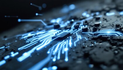 Poster - Futuristic glowing circuit board with blue neon lights and microchip