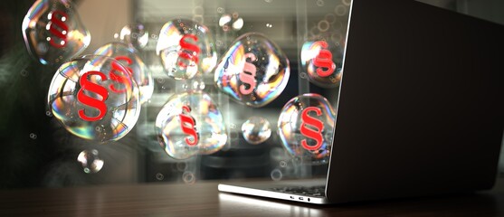 Wall Mural - 3D illustration. Floating iridescent bubbles with legal symbols near a laptop in a contemporary workspace.