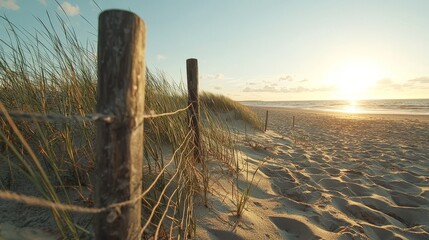 Wall Mural - serene beach landscape at sunset with sand dunes and gentle breeze capturing tranquil nature and sce