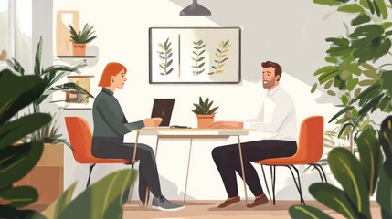 Wall Mural - Business Meeting in a Modern, Plant-Filled Office