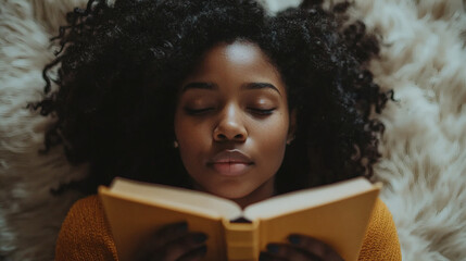 Poster - A close-up of someone reading a book on self-discipline and personal improvement Self-discipline Stock Photo with side copy space.