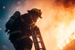 © Sanchai - A firefighter climbing a ladder towards a burning building, with urgency evident in their movements