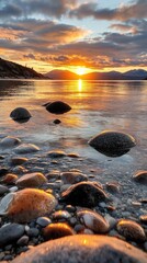 Poster - Stunning Sunset Landscape with Mountain Reflection on Serene Lake Shore