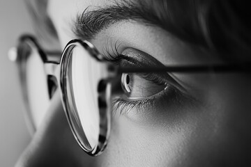 Aufkleber - Close up view of a female eye wearing glasses showcasing vision correction and intricate details of eyelashes and iris. Generative AI