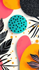 Poster - Colorful Abstract Geometric Shapes with Tropical Leaf Patterns in Vibrant Palette