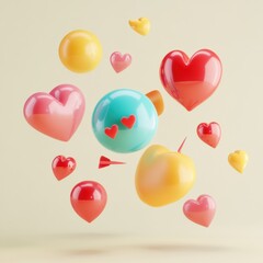 Wall Mural - Colorful floating 3D chat bubbles and hearts creating a playful atmosphere in a digital space. Generative AI